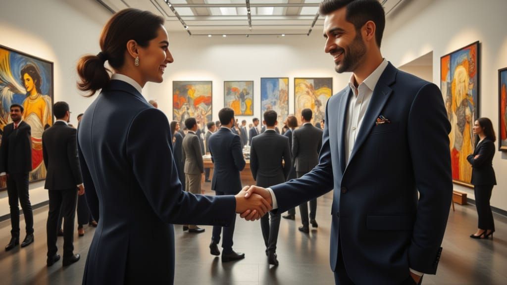 Business Meeting in Modern Art Gallery, Oil Painting Style