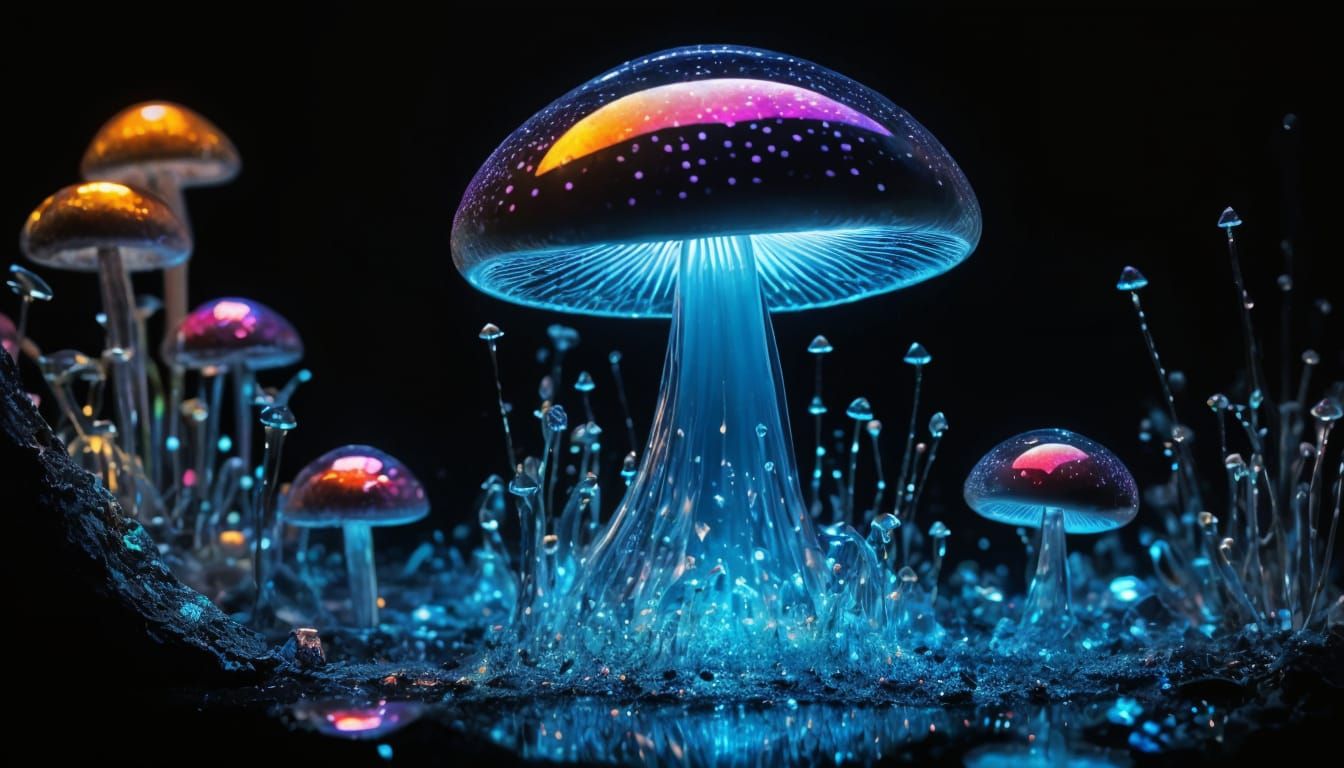 Bioluminescent Mushrooms Reflected in Water Droplets