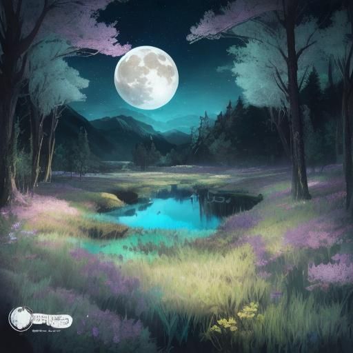 Moonlit Meadow: Digital Watercolor Fantasy Art