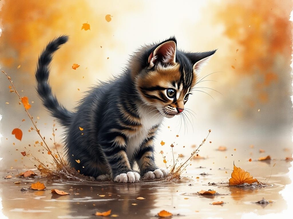 Cute Kitten Splashing: Watercolor Autumn Scene