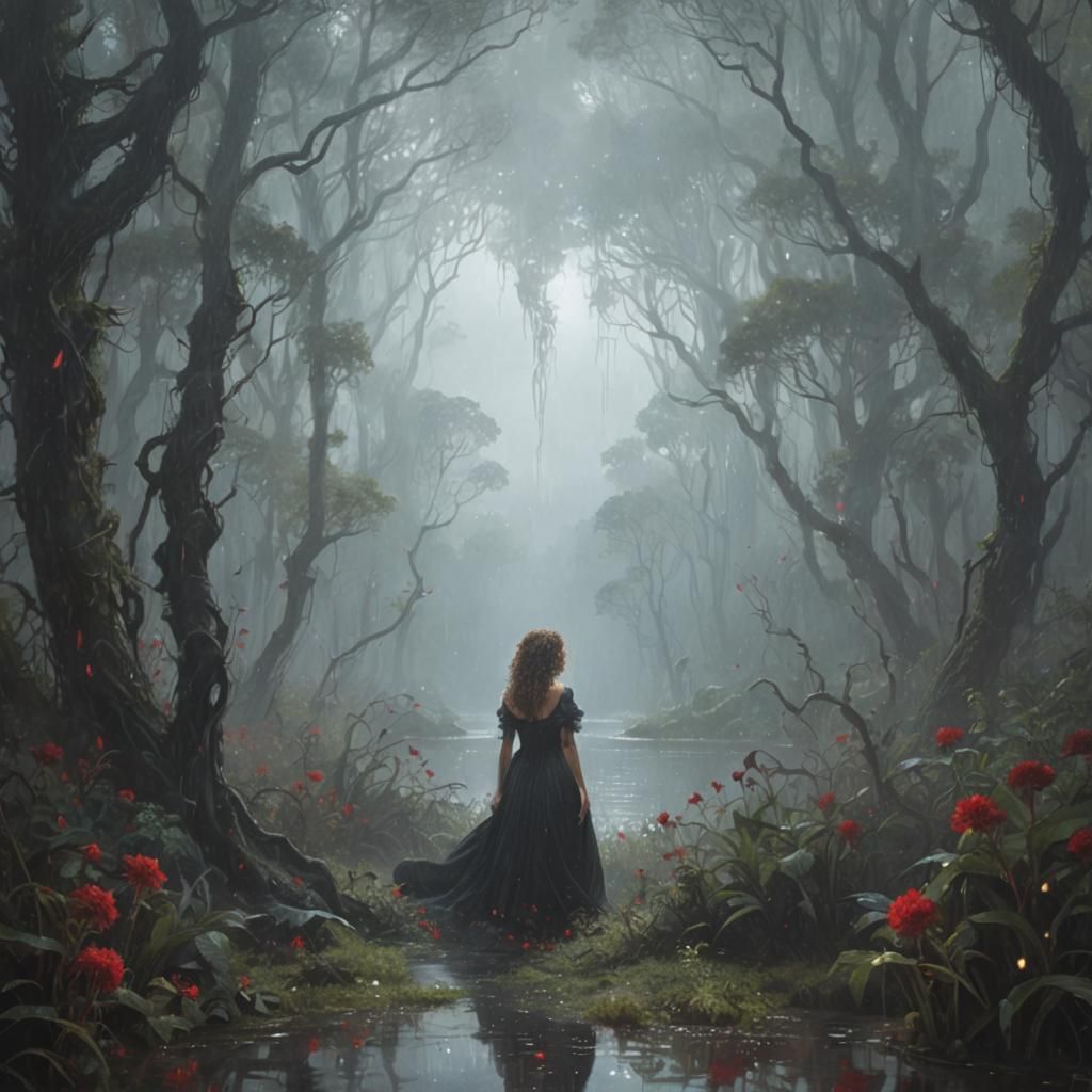 Woman in Rainforest with Red Flowers: Doré Style