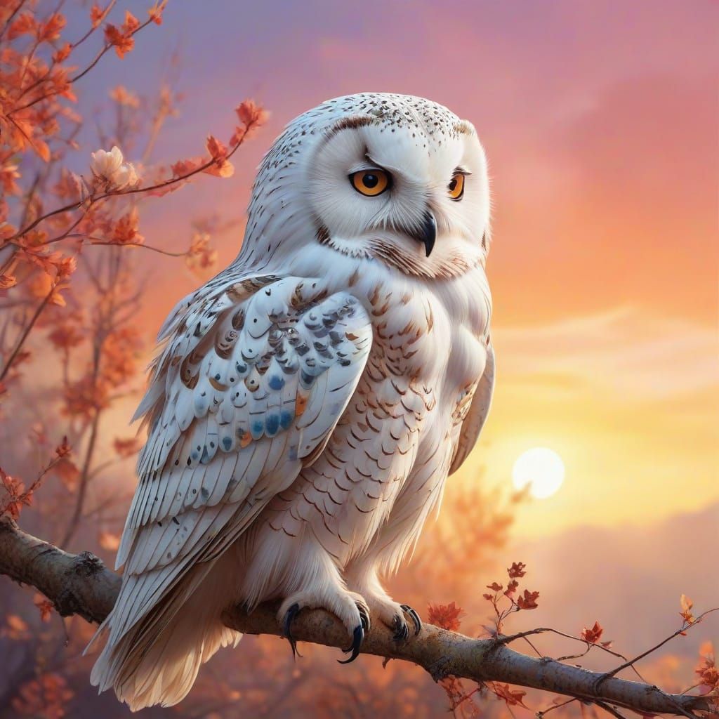 Snow Owl on Autumn Branch in Watercolour Style