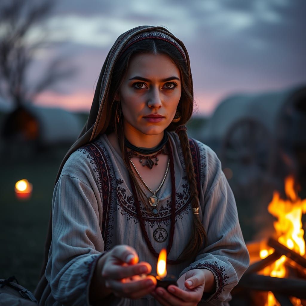 Mystical Romani Woman Divination Ritual at Dusk