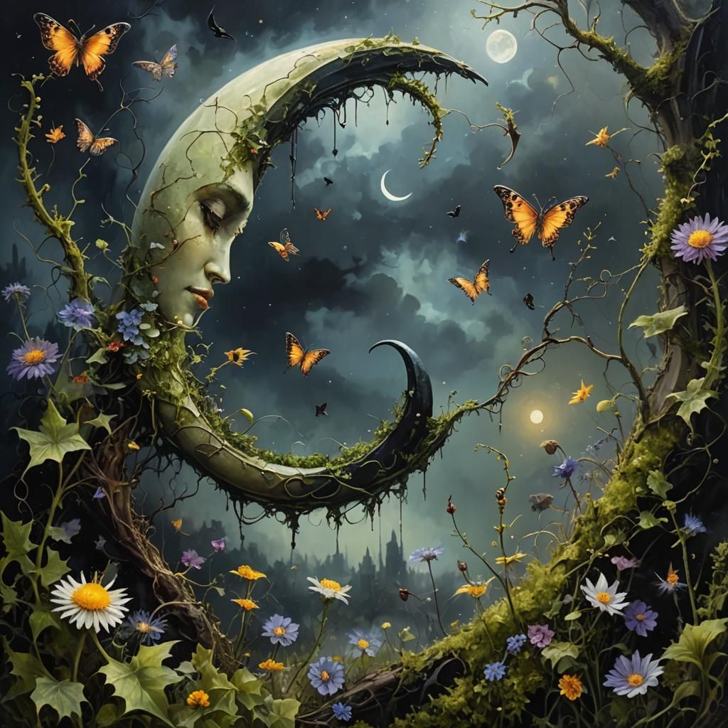 Gothic Crescent Moon with Moss in Dreamlike Oil Painting