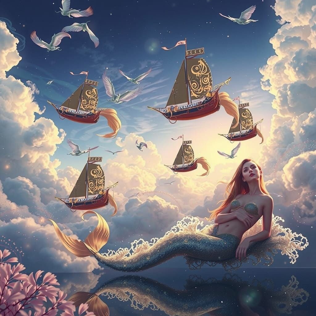 Majestic Flying Boats amidst Shimmering Mermaids in a Fantas...