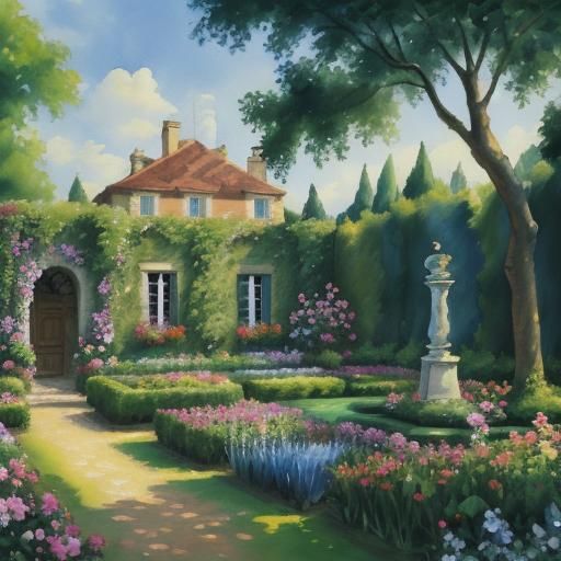 Impressionist French Garden Gouache Watercolor Painting