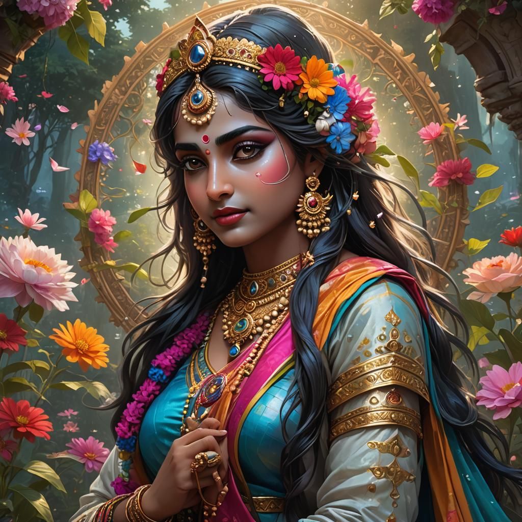 Krishna and Radharani in Vivid Celestial Vrindavan