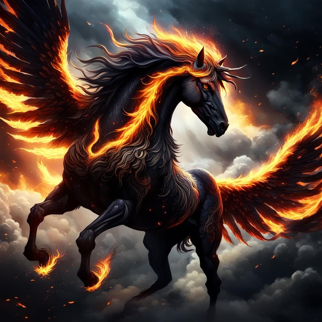Flaming Dark Pegasus Soaring Through Stormy Skies