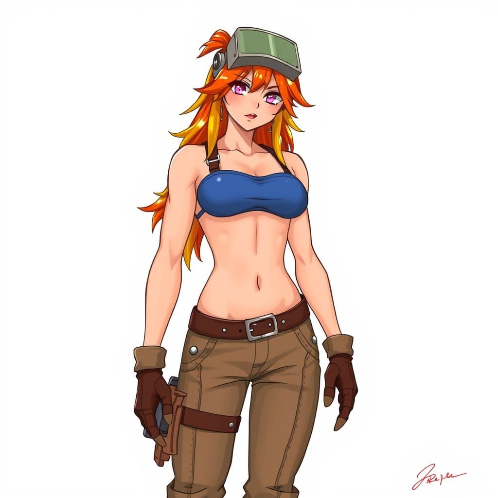 Anime Female Engineer with Fiery Hair and Visor