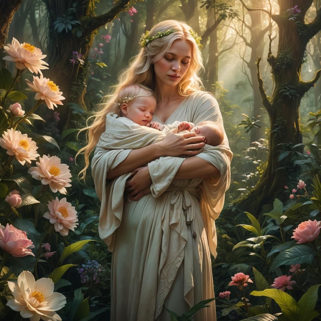 Woman and Baby in Mystical Forest