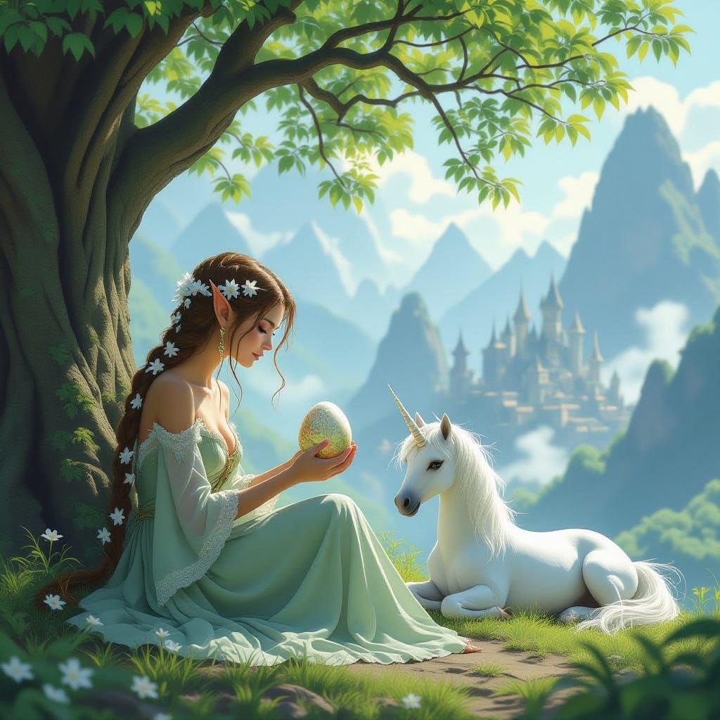 Forest Elf with Dragon Egg and Unicorn, Realistic Fantasy Ar...
