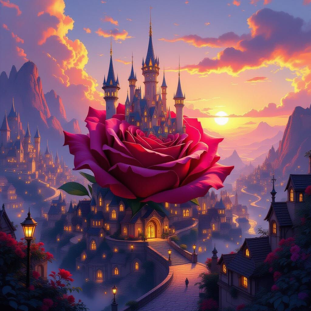 Fantastical City Inside Giant Rose at Golden Hour
