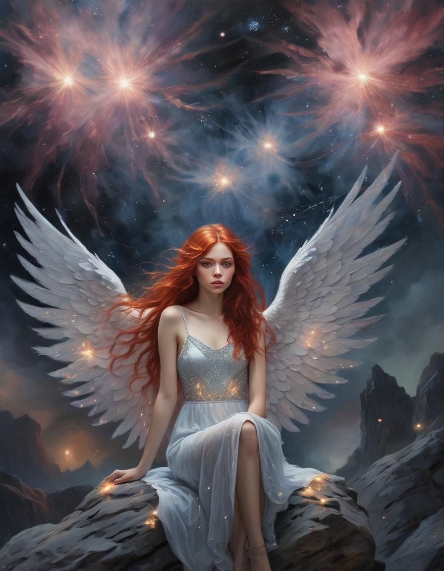 Ethereal Red-Haired Woman with Angel Wings in Space