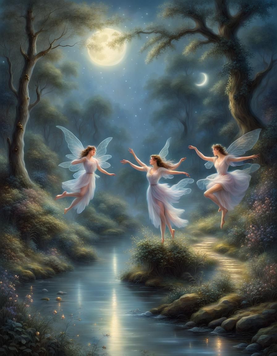 Ethereal Water Fairies Dancing in Forest: Kinkade Style