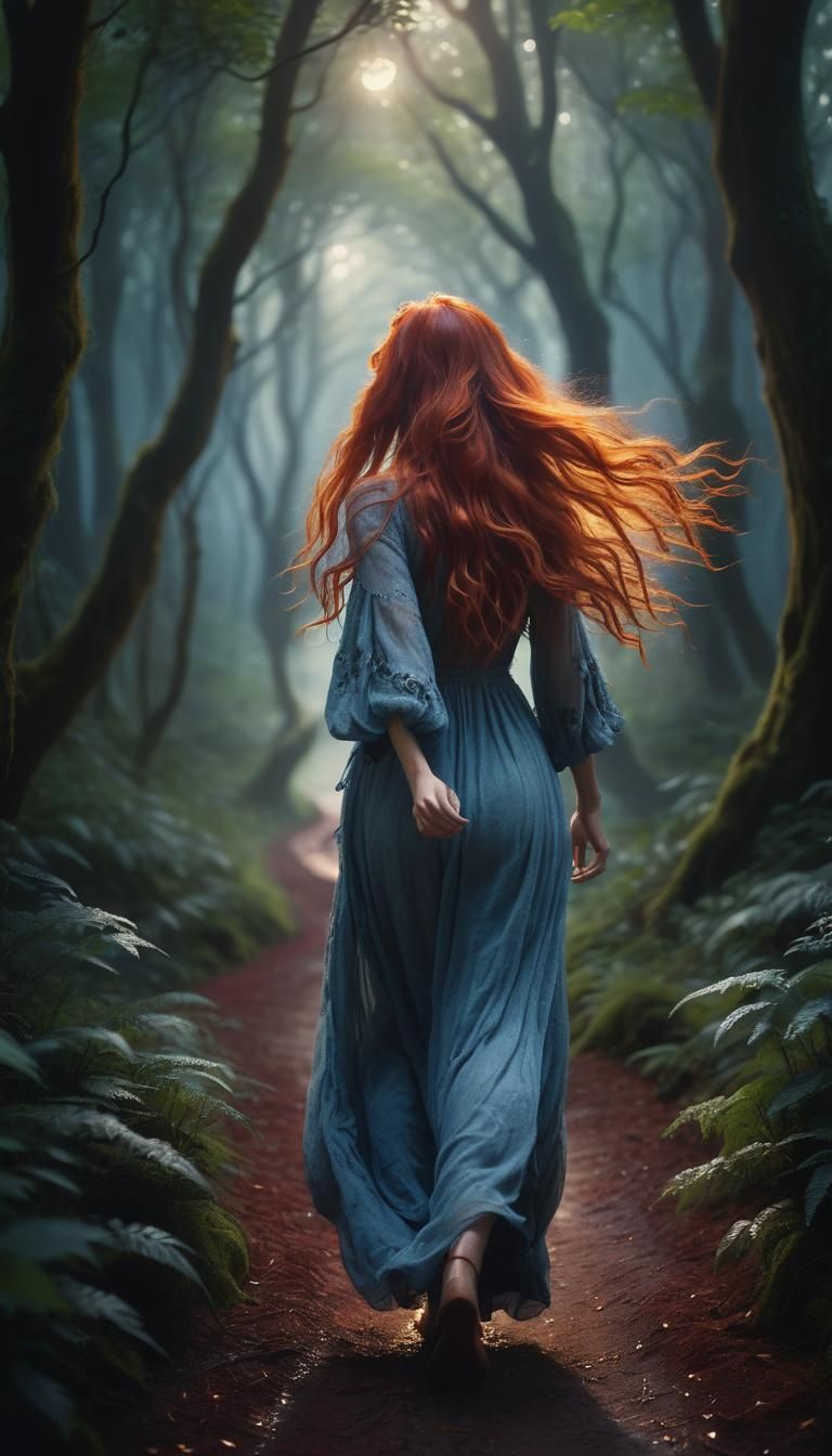 Red-Haired Woman in Mystical Glowing Forest