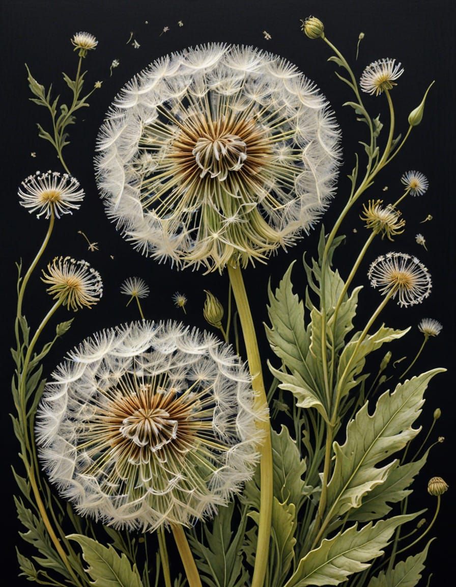 Delicate Dandelion in Whimsical Hand-Coloured Linoprint Styl...