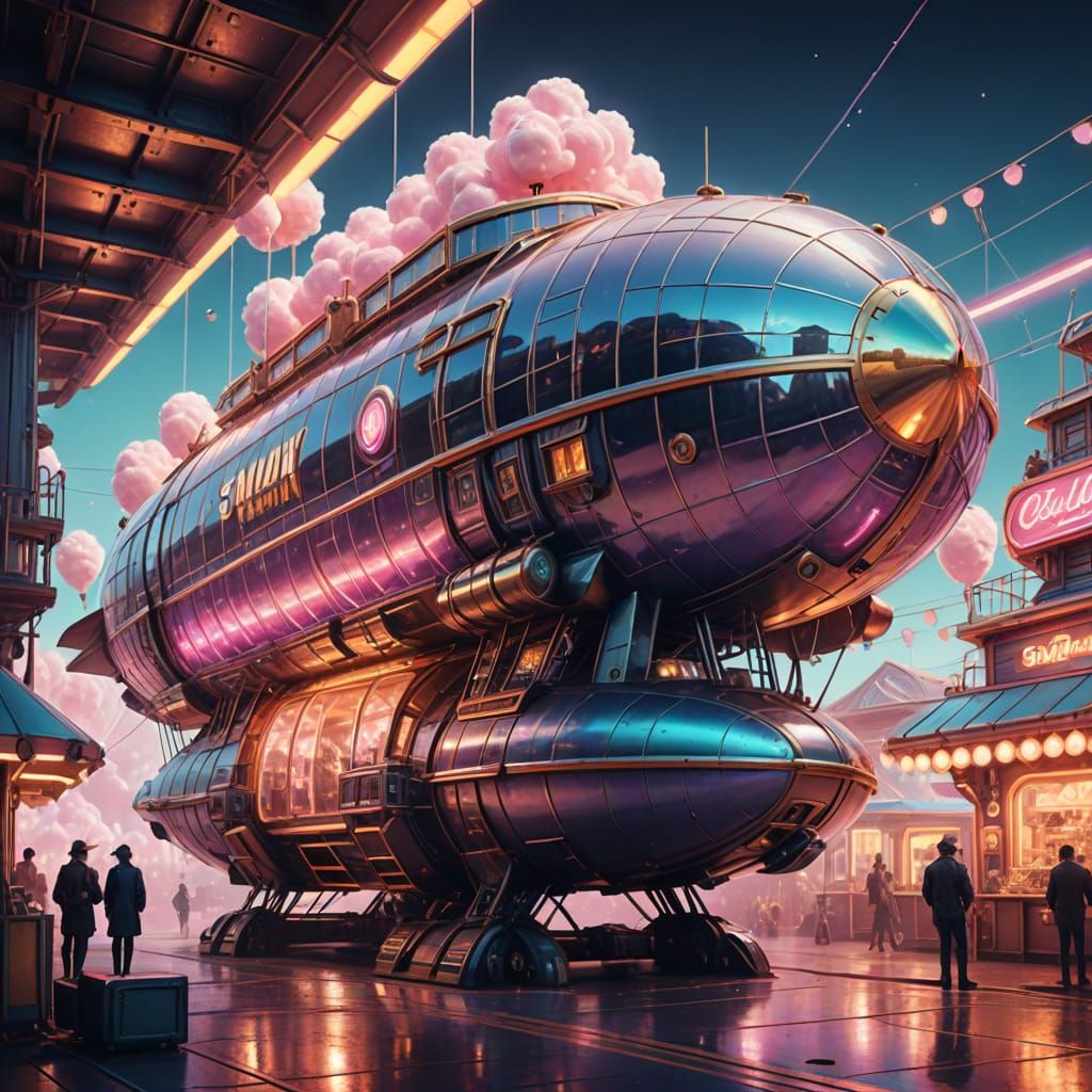 Retro-Futuristic Cotton Candy Airship in Syd Mead Style