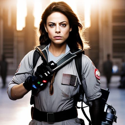 Mila Kunis as Ghostbuster in uniform with “ghostbuster” logo...