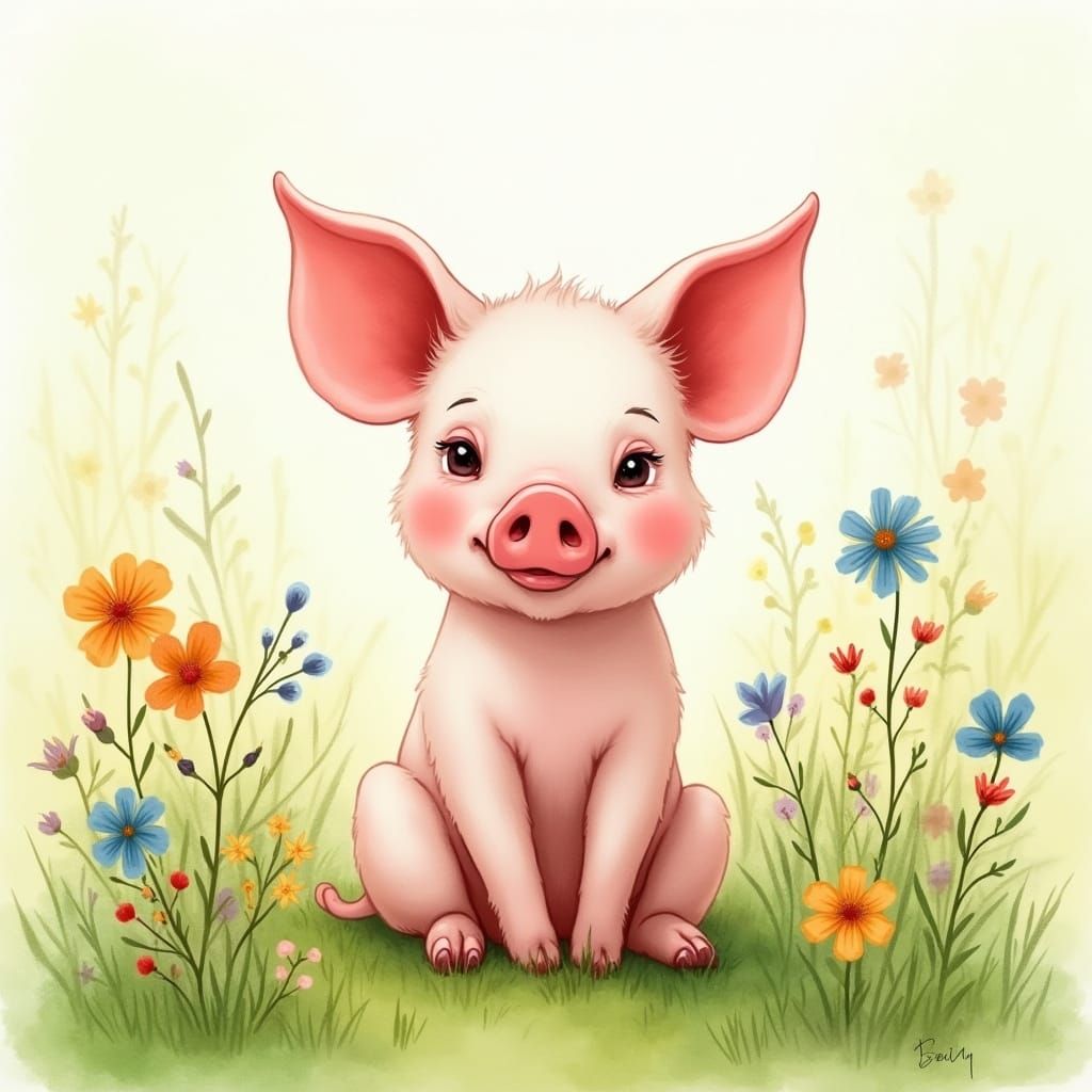 Charming Pig in Whimsical Meadow Scene