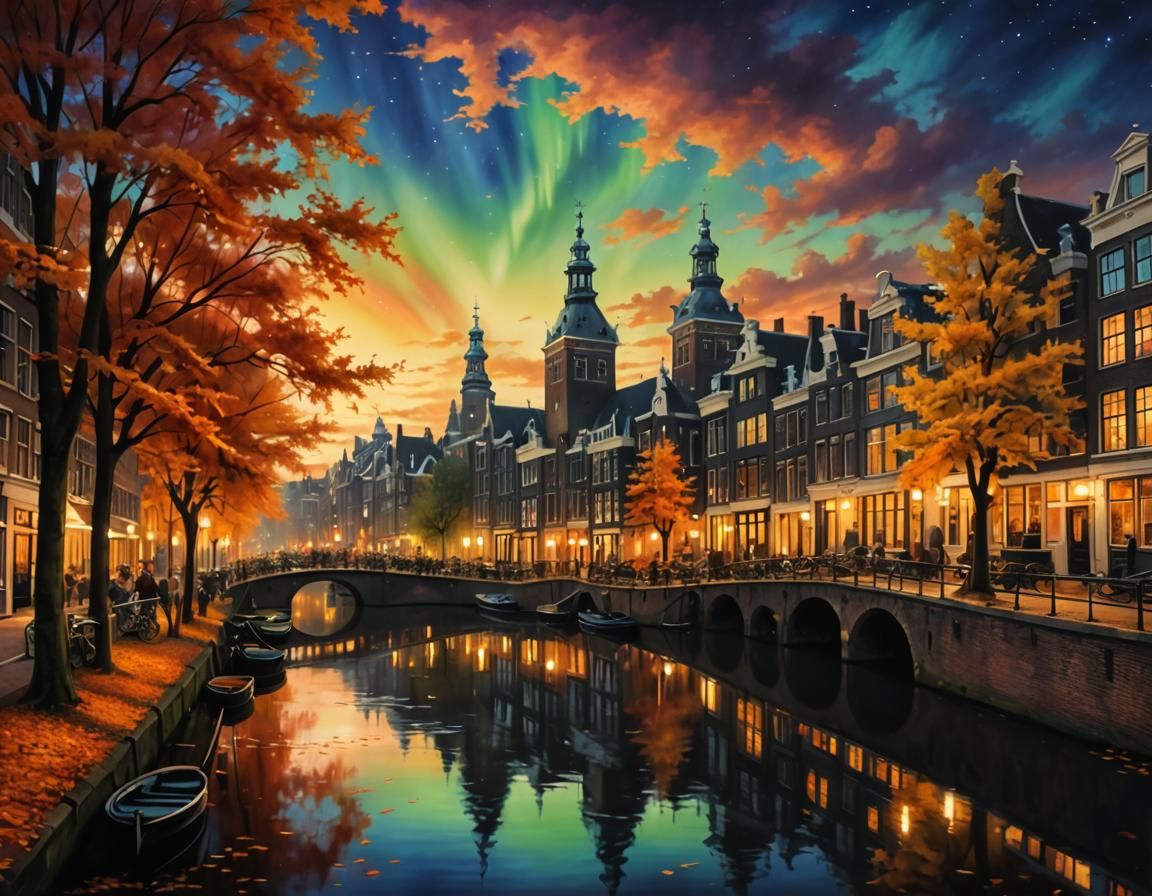 Autumnal Ancient Amsterdam with Aurora, Airbrush Art