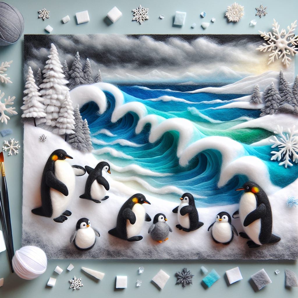 Airbrushed Winter Seascape with Felt Penguins