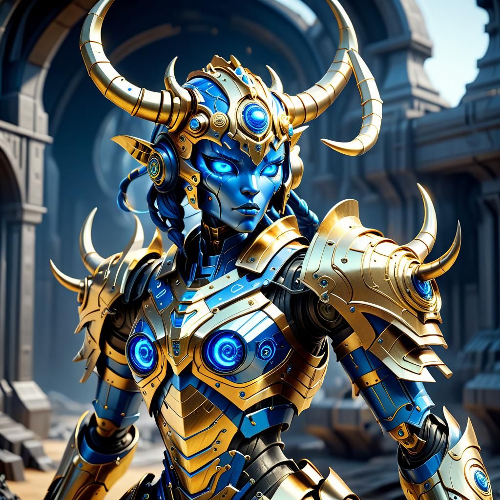 Golden Armored Automaton Monster Girl in Sci-Fi Style