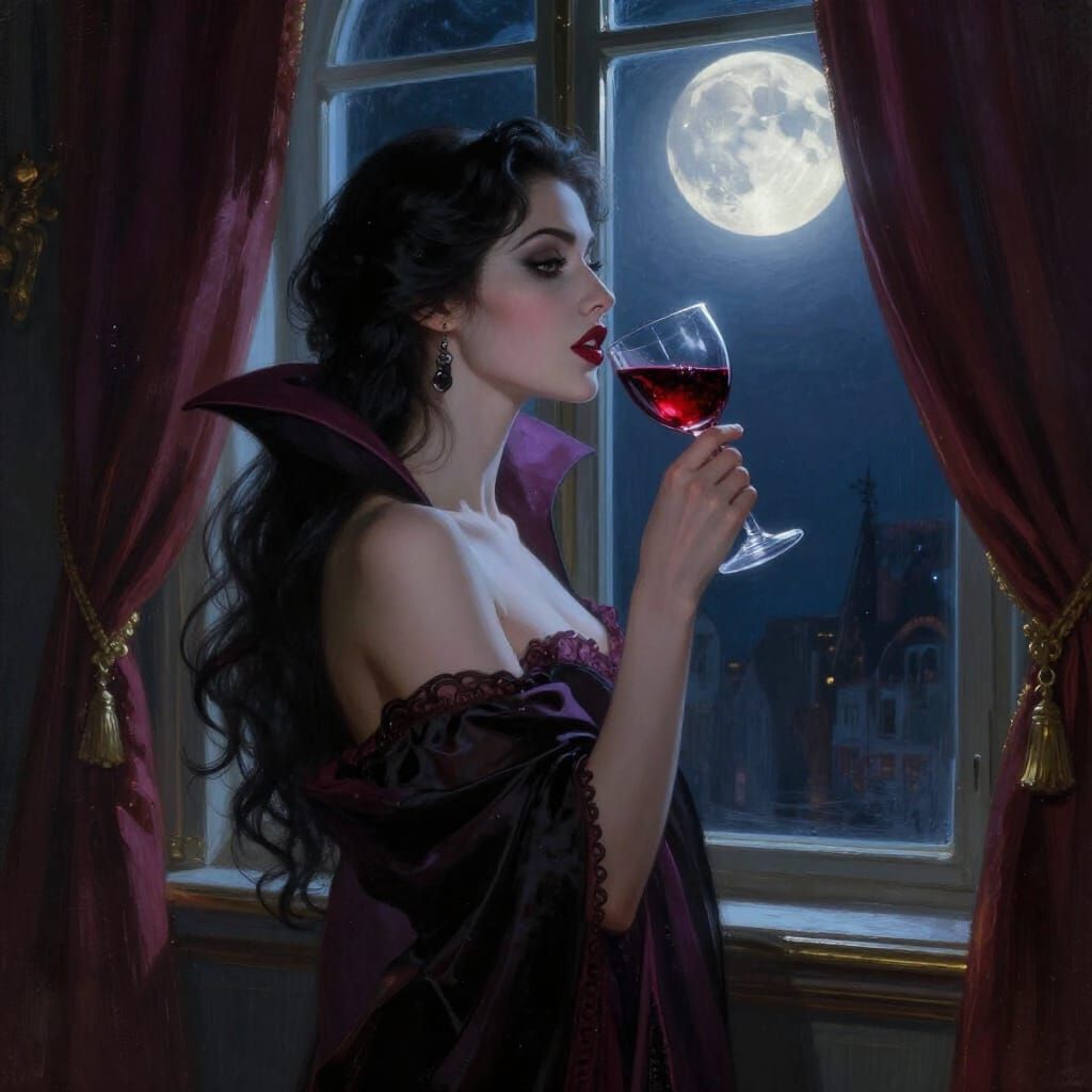 Alluring Vampire Woman Gazing at Moonlit Night