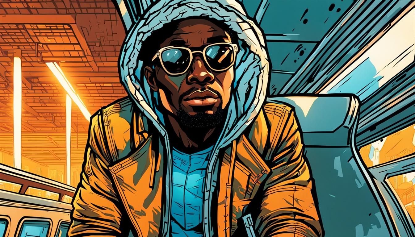 Handsome Black Man on the Go Train in Vibrant Comic Book Sty...