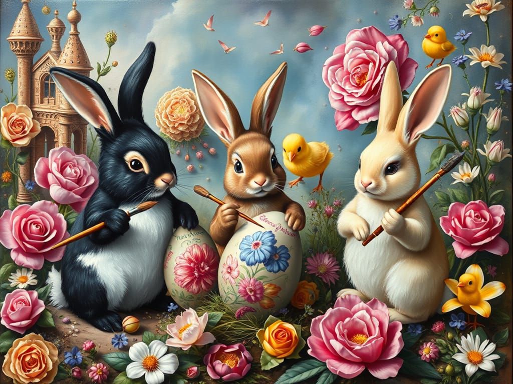 Surreal Easter Bunnies Painting Eggs in Dream Landscape