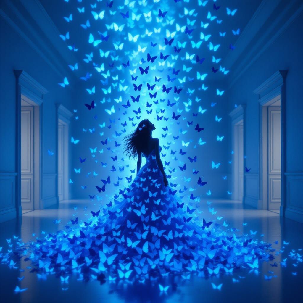 Woman Dissolving Into Blue Butterflies