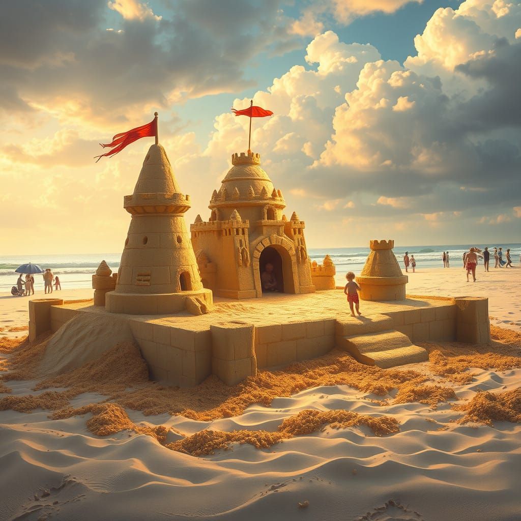 Surreal Summer Sandcastle Amidst a Stormy Beach