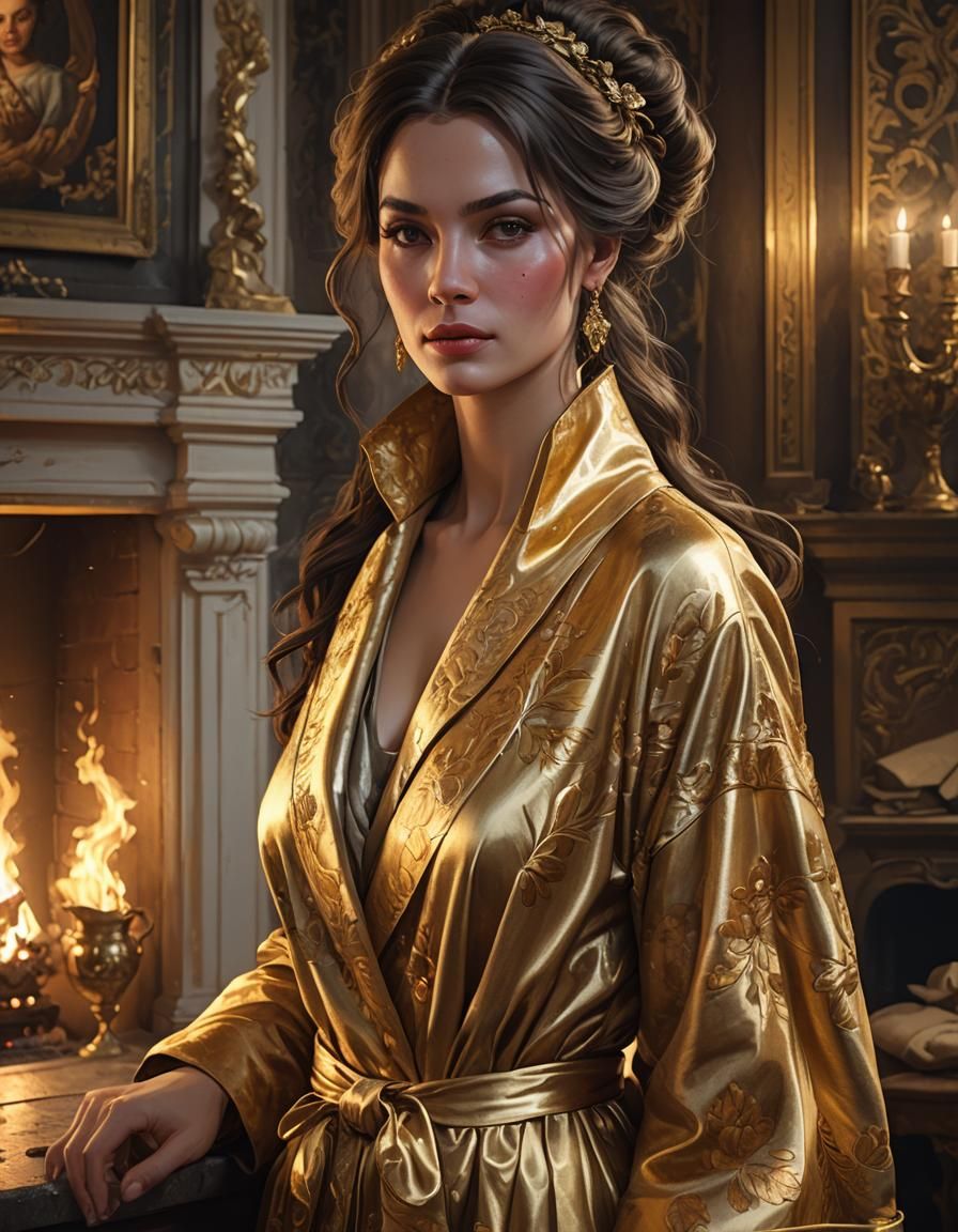 Brunette in Golden Gown: Art Nouveau Portrait