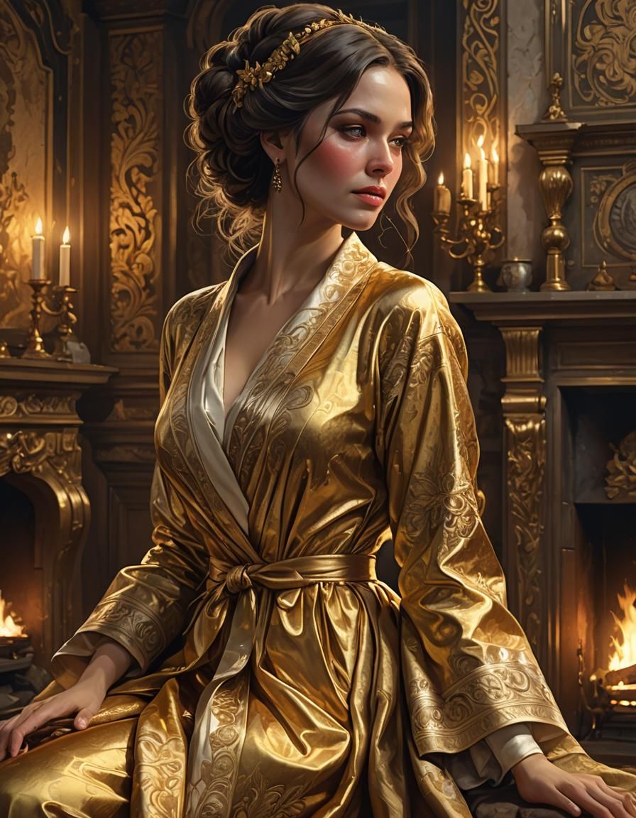 Brunette in Golden Gown, Art Nouveau Portrait