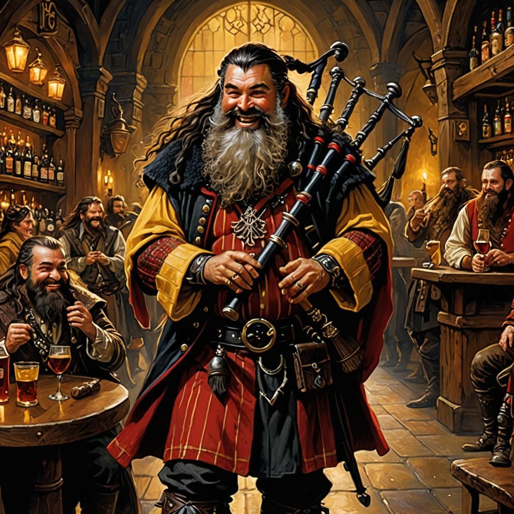 Laughing Dwarf Bard in a Magical Tavern