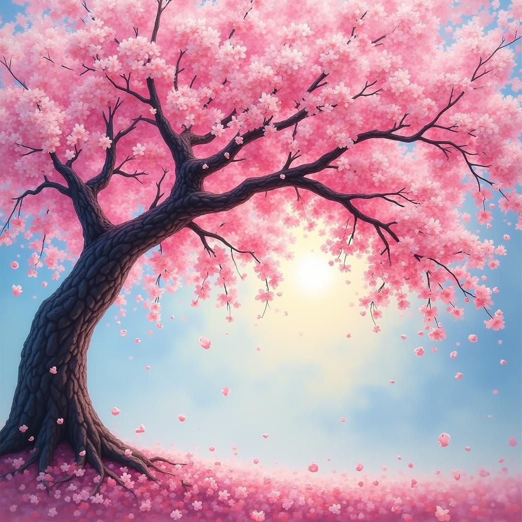 Cherry Blossoms Worm's Eye View in Impasto Style