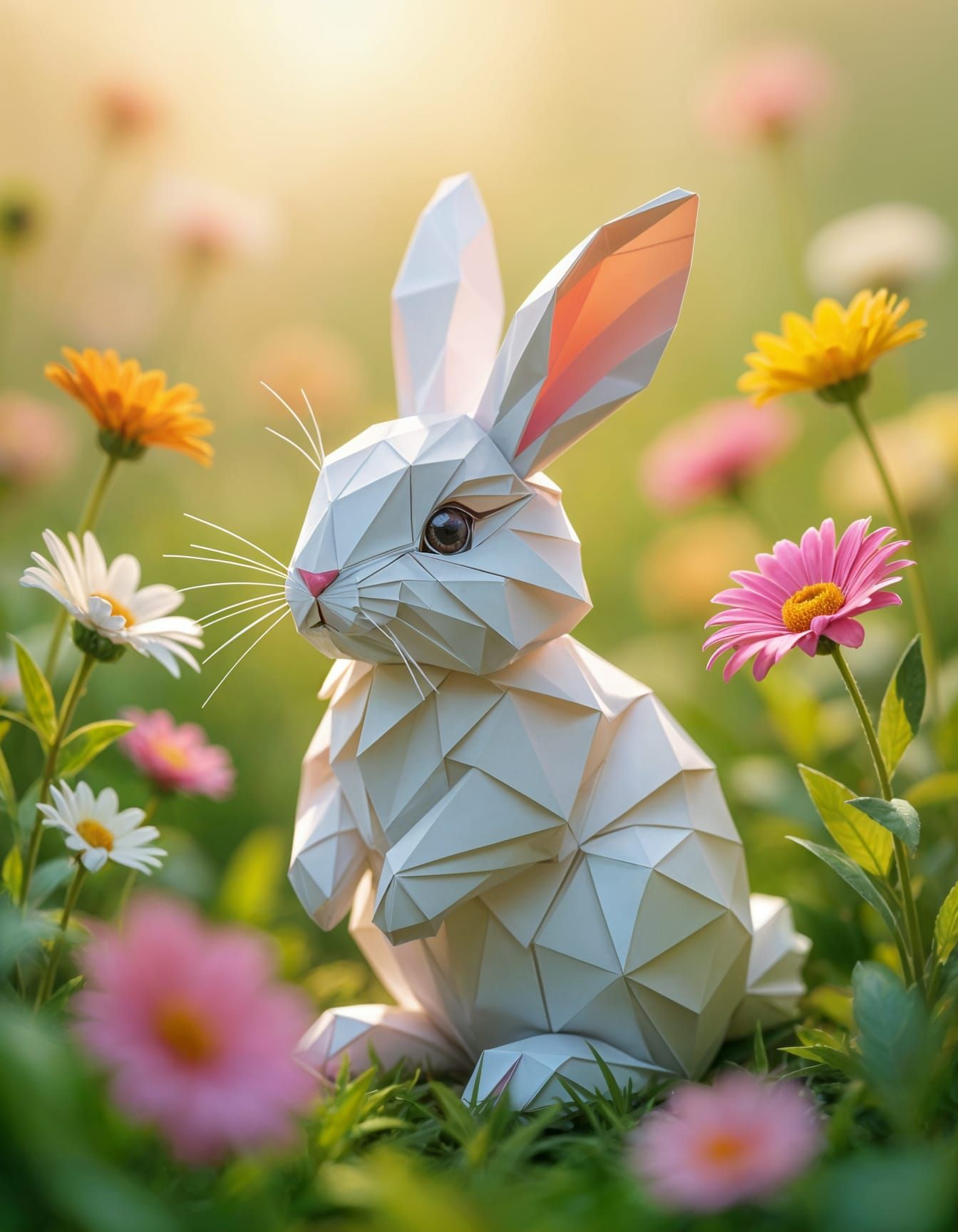 Rainbow Origami Rabbit in Flower Garden