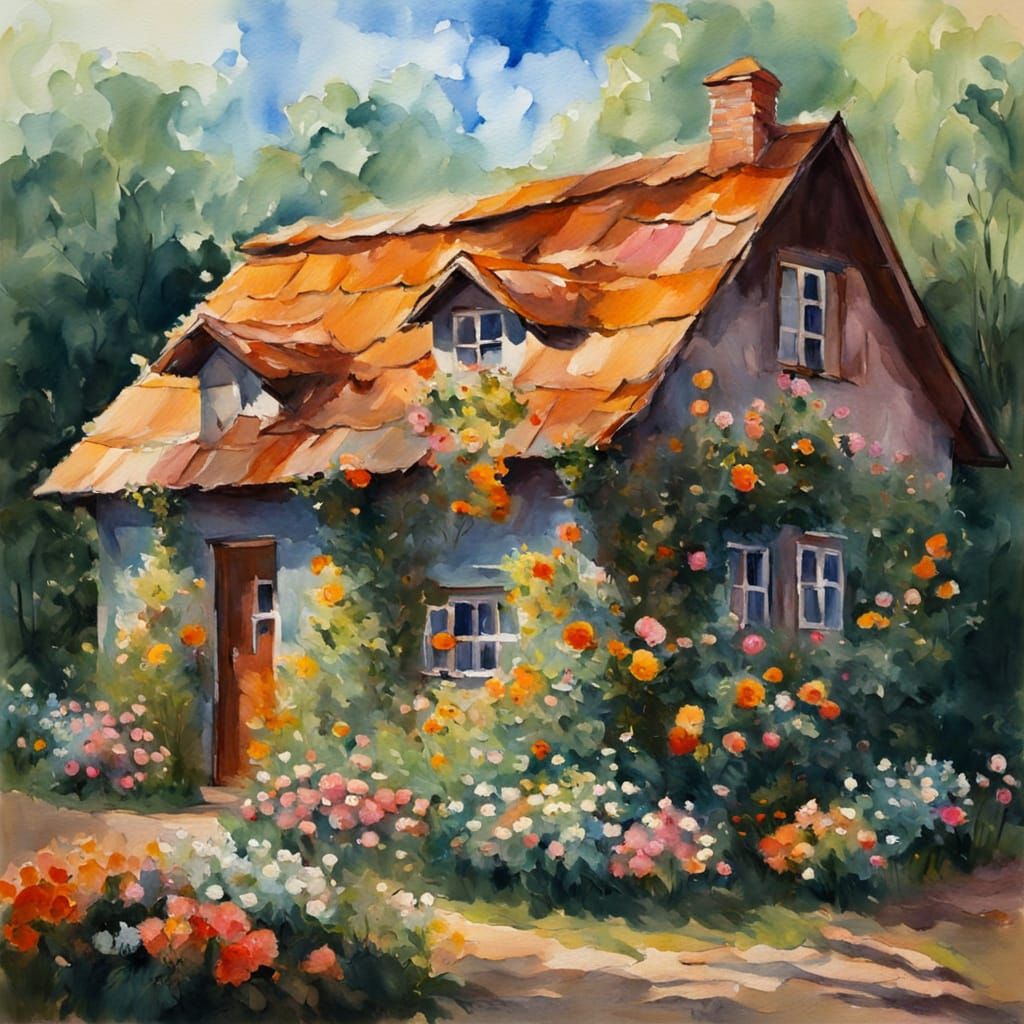 A Vibrant House Made of Flowers in Impressive Gouache Style