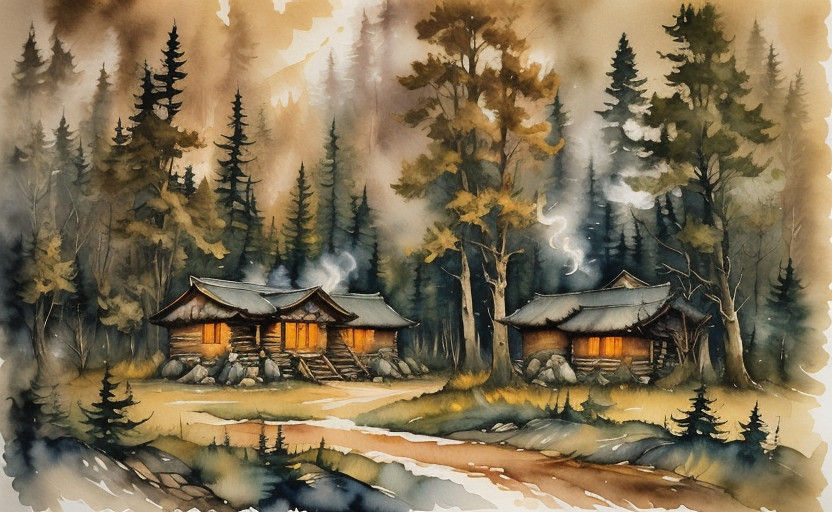 Serene Watercolour Landscape with Rustic Cabin
