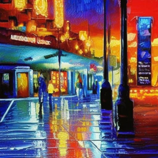 Neon Sidewalks: Oil Painting by James Gurney Style