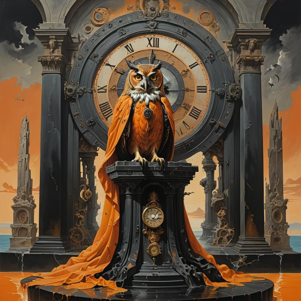 Anthropomorphic Owl God in Floating Temple, Surreal Oil Pain...