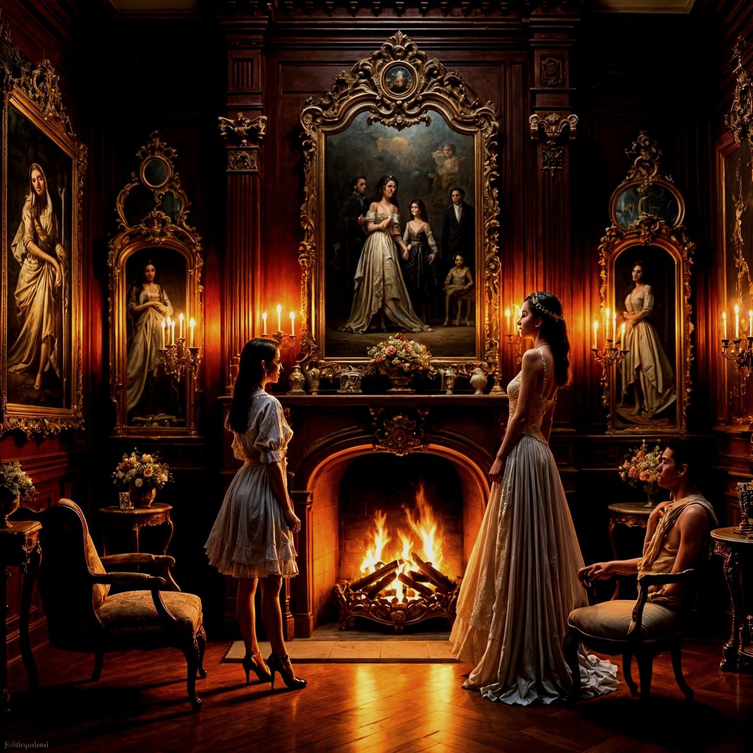 Baroque Mansion: A Family Gathering by the Fireplace