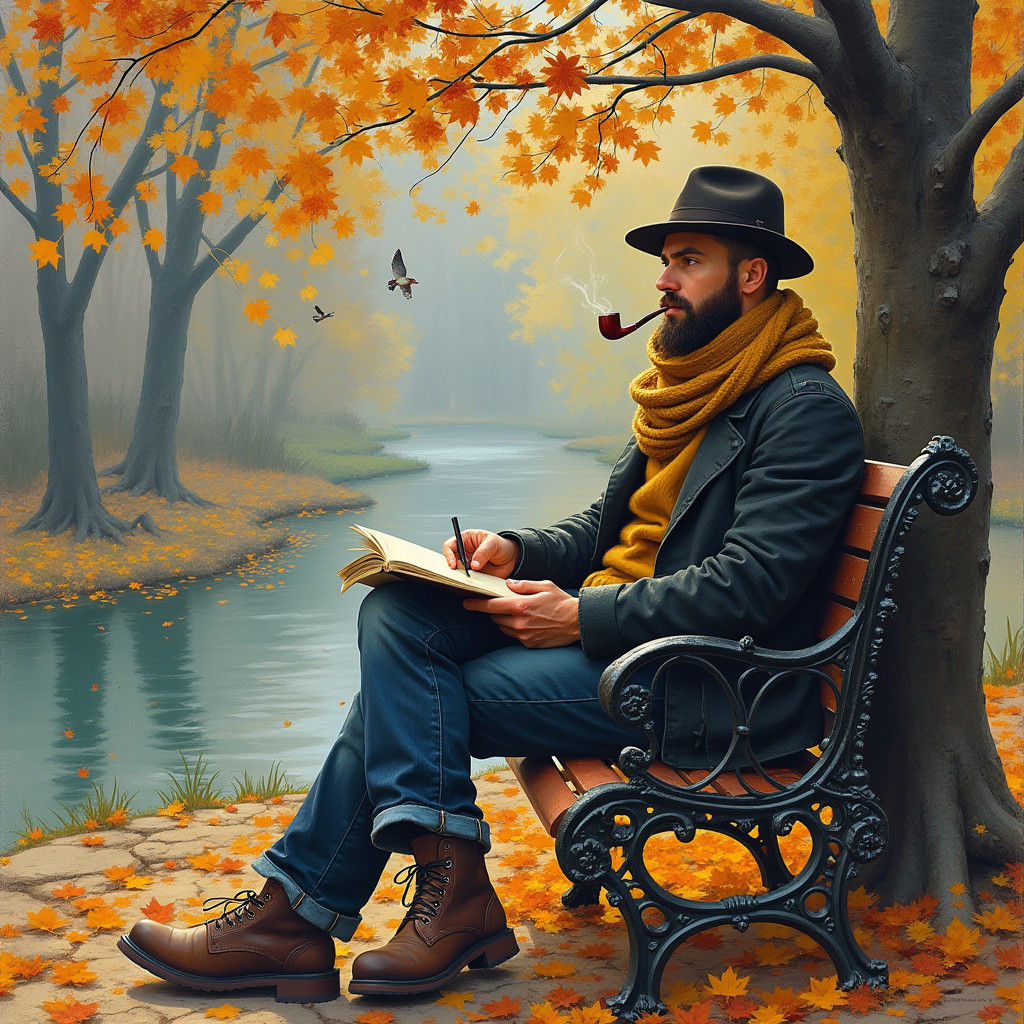 Man on Bench in Autumn, Post-Impressionist Style
