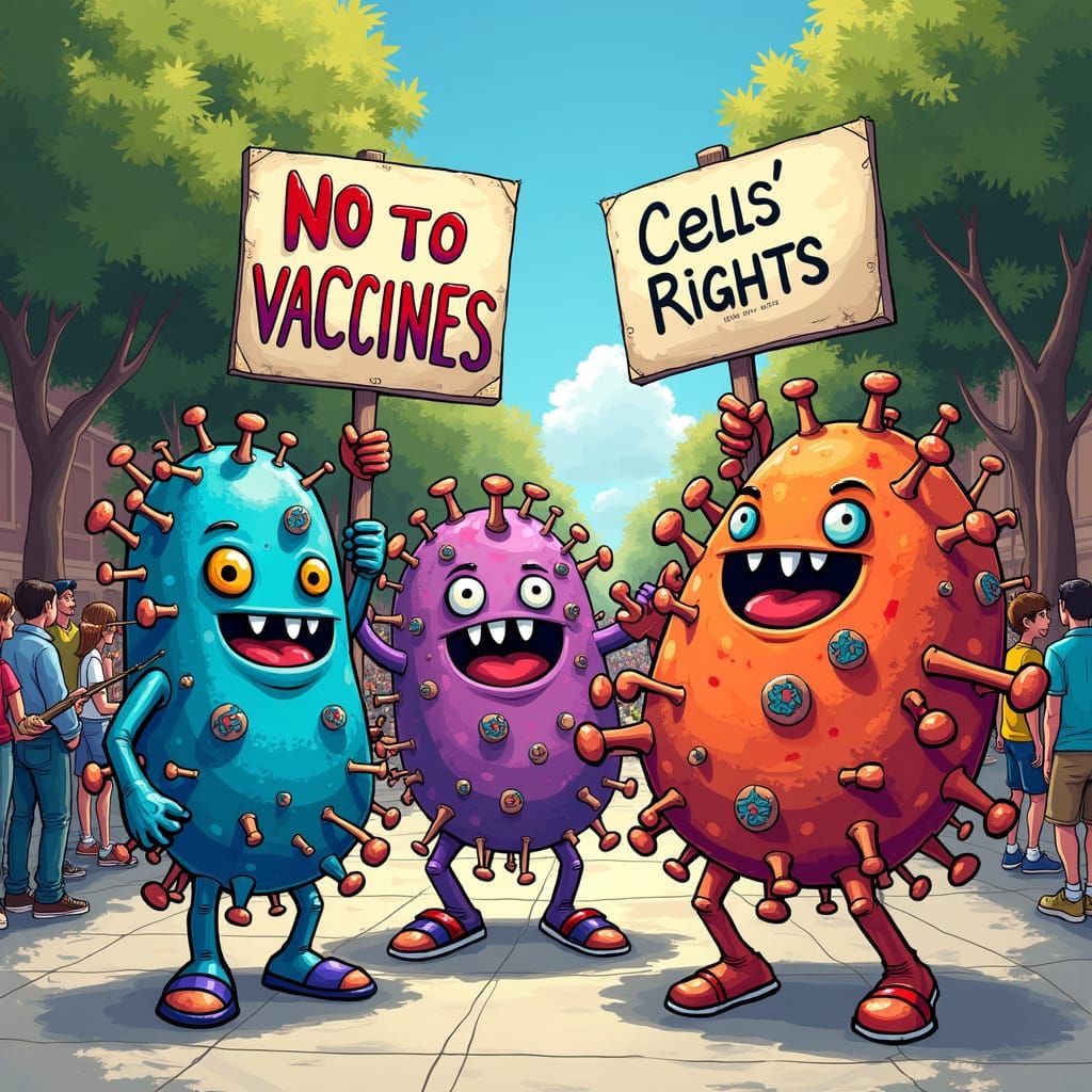 Vibrant Cells Protest Vaccines in Whimsical Street Scene