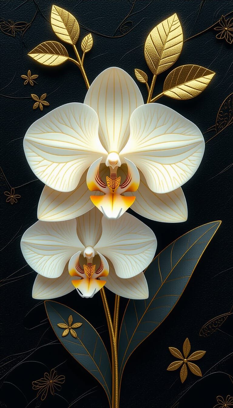 Orchid with Gold Leaf in Matte Painting Style
