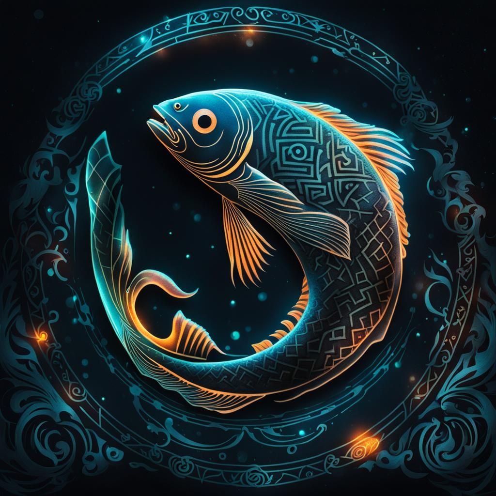 Fish Tattoo with Runes and Shapes