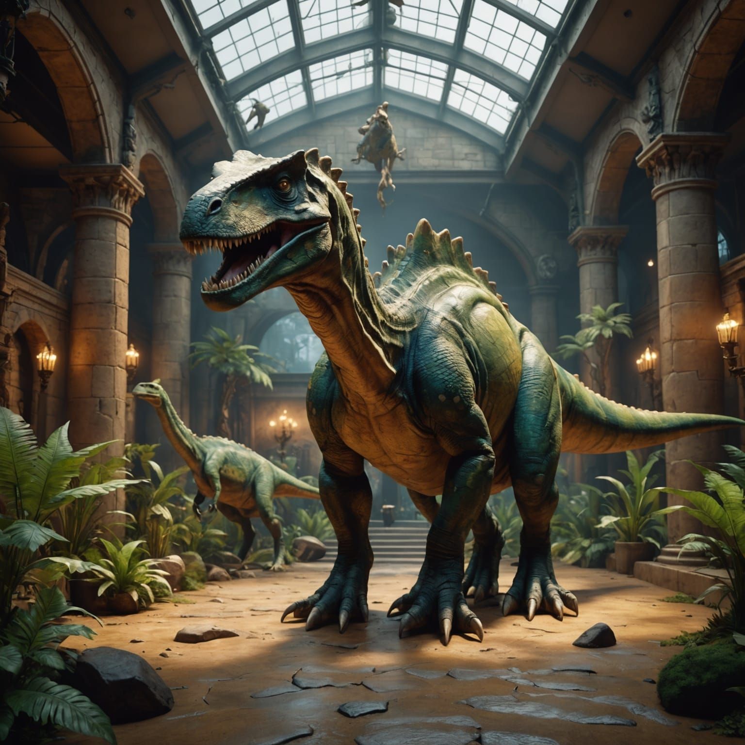 Dinosaur Wax Statue at Museum: Detailed Matte Painting