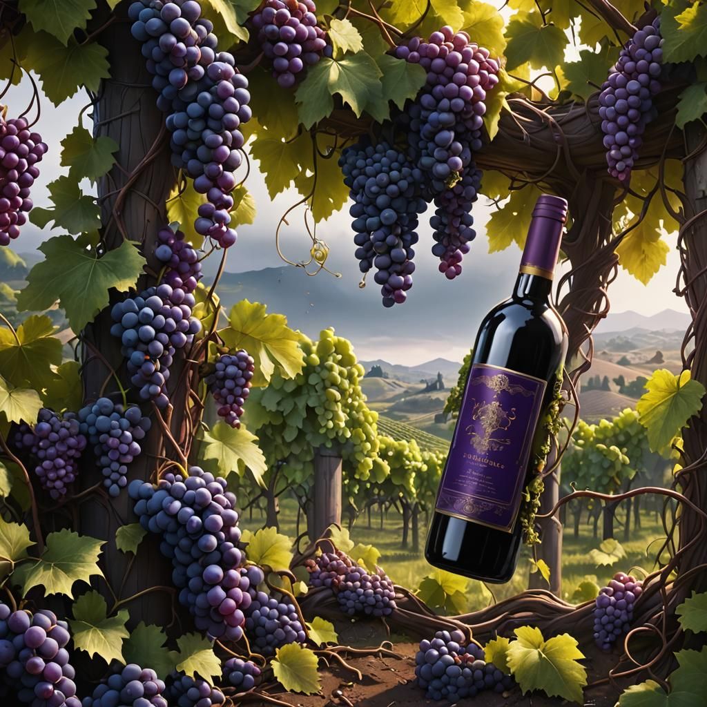 Grapes Dripping into Wine Bottles: Fantasy Concept Art