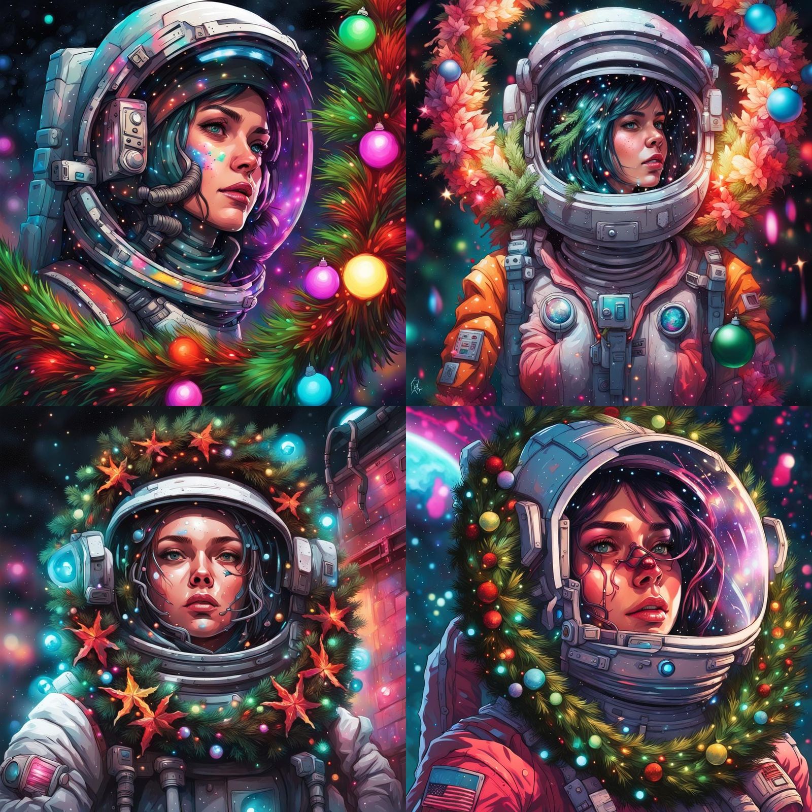 Cyberpunk Astronaut with Christmas Wreath in Space