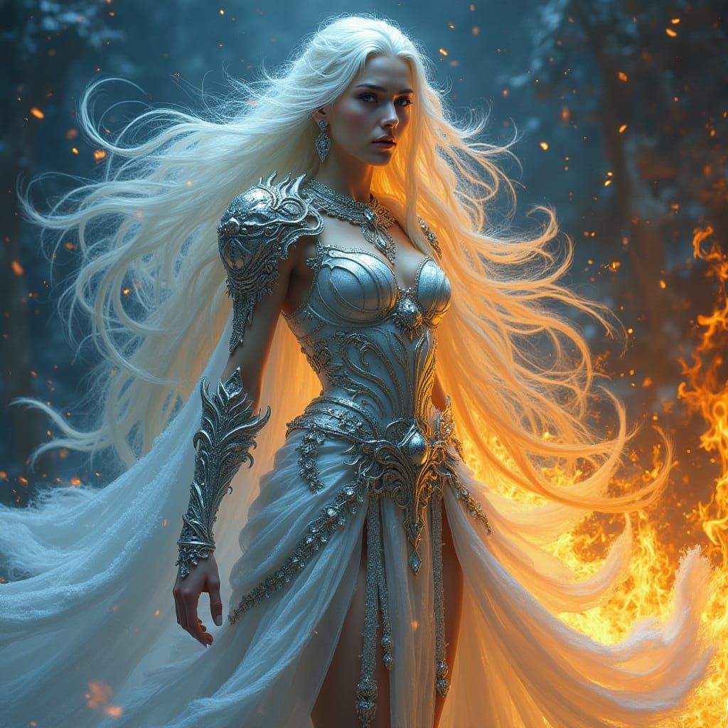 Majestic Goddess of Ice and Fire in Ethereal Armor