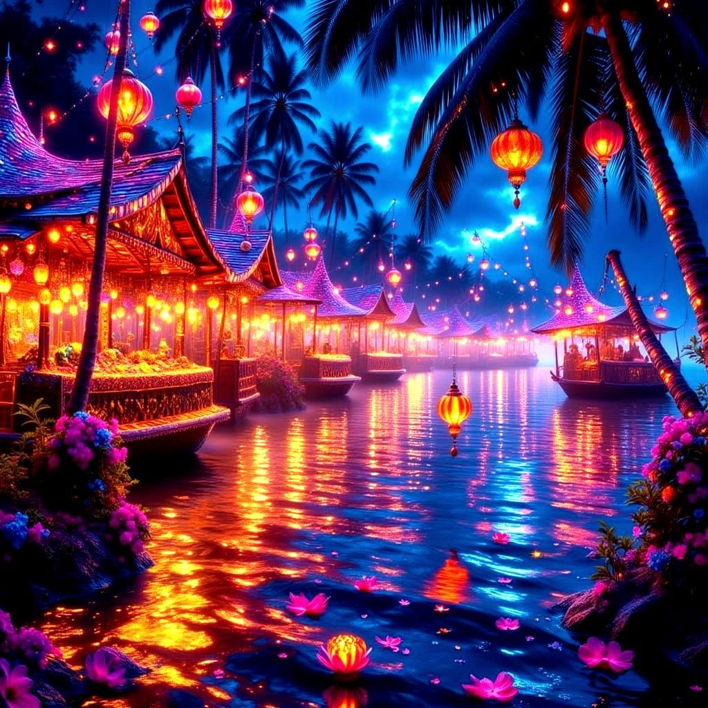 Vibrant Night Market on Tropical Beach